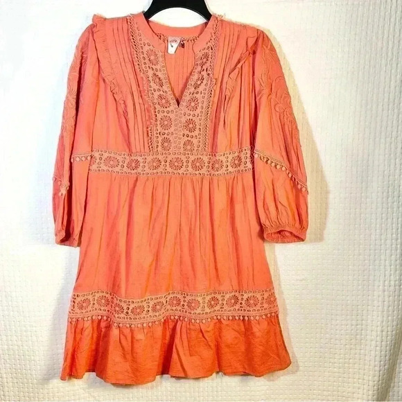 Anthro Akemi + Kin Josephine Small Embroidered Dress Coral 3/4 Sleeve NO SLIP - Picture 2 of 14